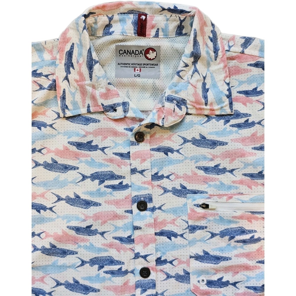 Canada Weather Gear Men's Large NWT Fish Print Performance Fishing Shirt Vented